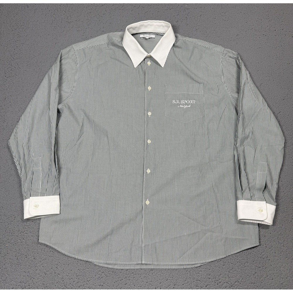 Sporty & Rich Dress Shirt Mens Large Green Stripe Contrast Collar Embroidered